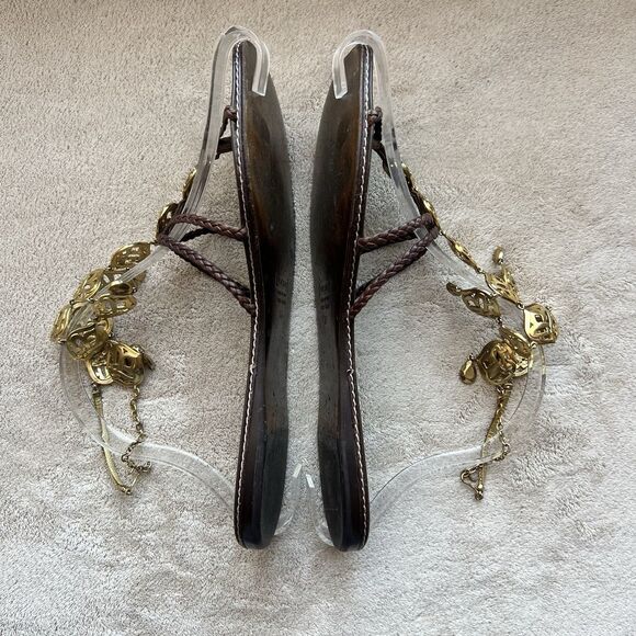 Giuseppe Zanotti Design Brown Leather Strap w/ Gold Brass Flat Sandal EU 37 US 7 - Picture 4 of 14